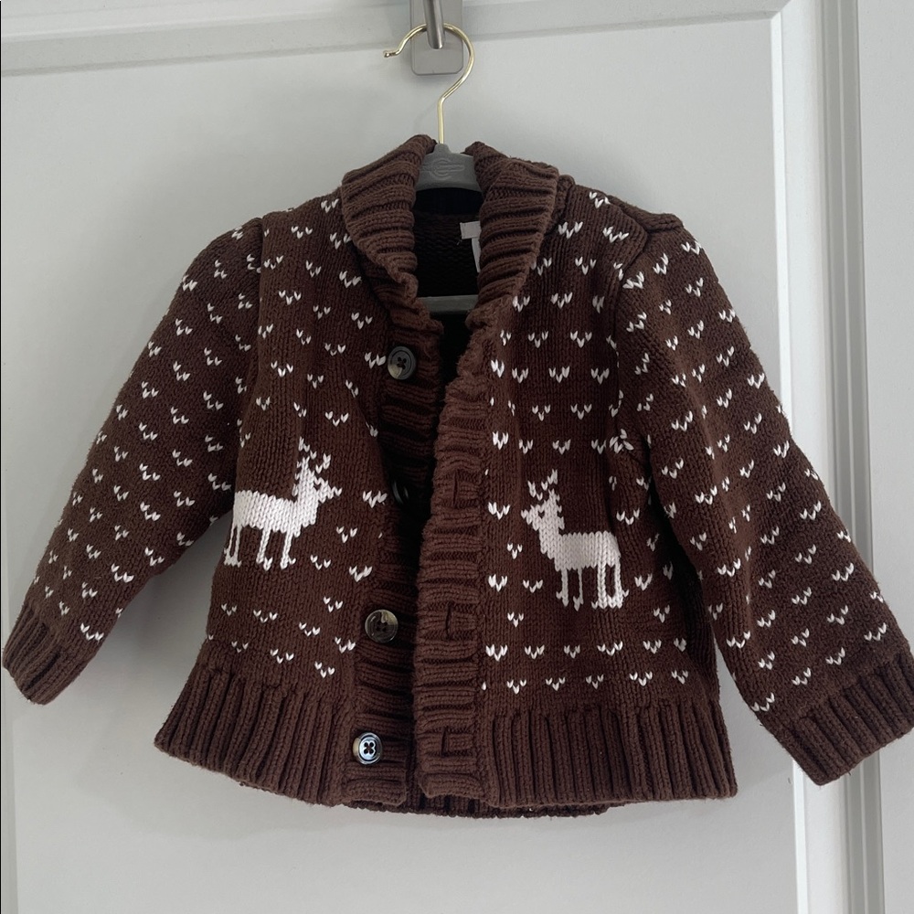 Brown Knit Christmas Cardigan with white reindeer Pattern